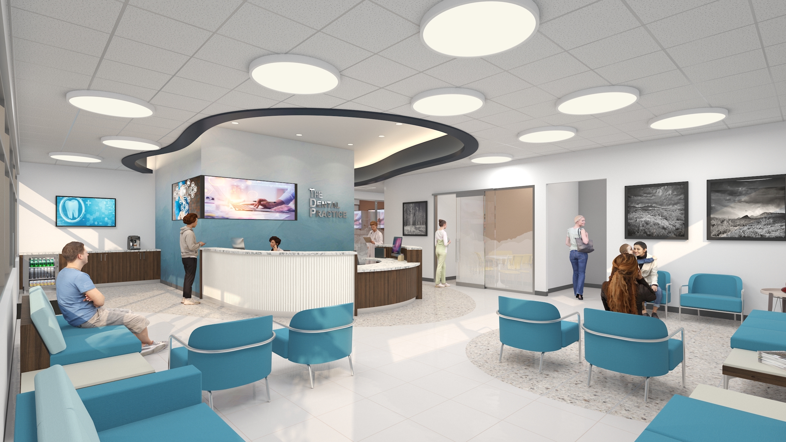 Modern dental office reception area with curved reception desk, bright ceiling lights, blue accent seating, digital displays, and patients waiting or talking with staff.