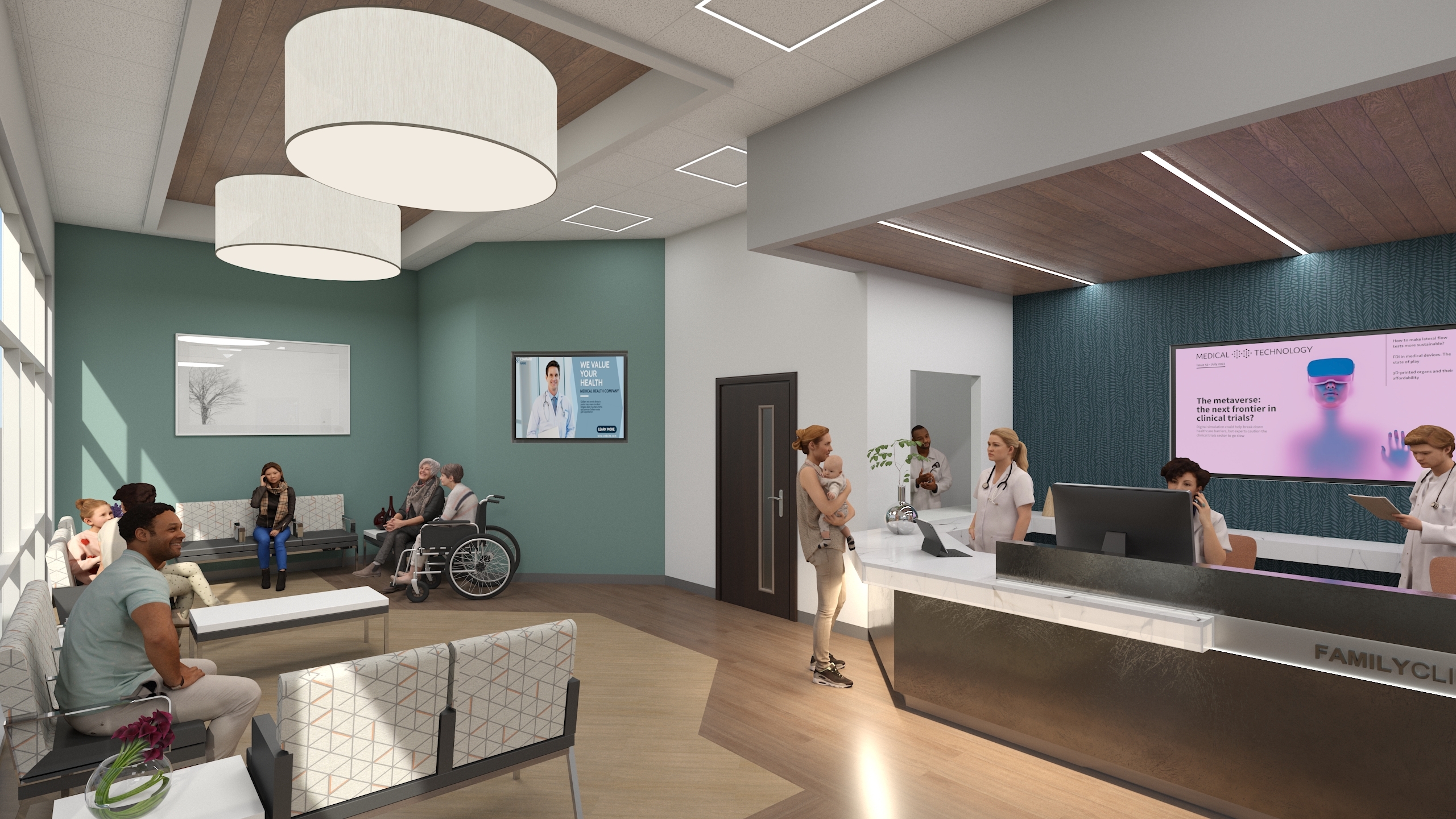Contemporary medical clinic waiting area with teal accent wall, large overhead lights, a reception desk with staff, and patients seated or interacting, including one in a wheelchair.