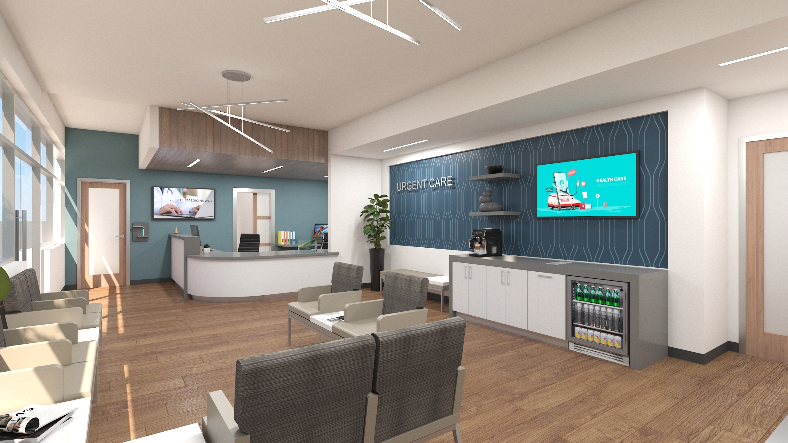 Clean, modern urgent care reception area with wood flooring, grey and beige seating, a reception desk, and a refreshment station with beverages and a coffee machine, plus wall-mounted digital signage.